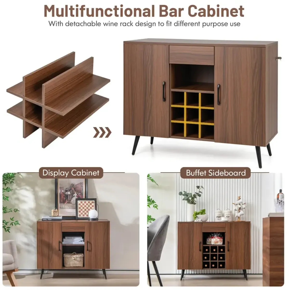 Mid-century Modern Buffet Sideboard Server Cabinet with 9-Bottle Wine Rack-Walnut