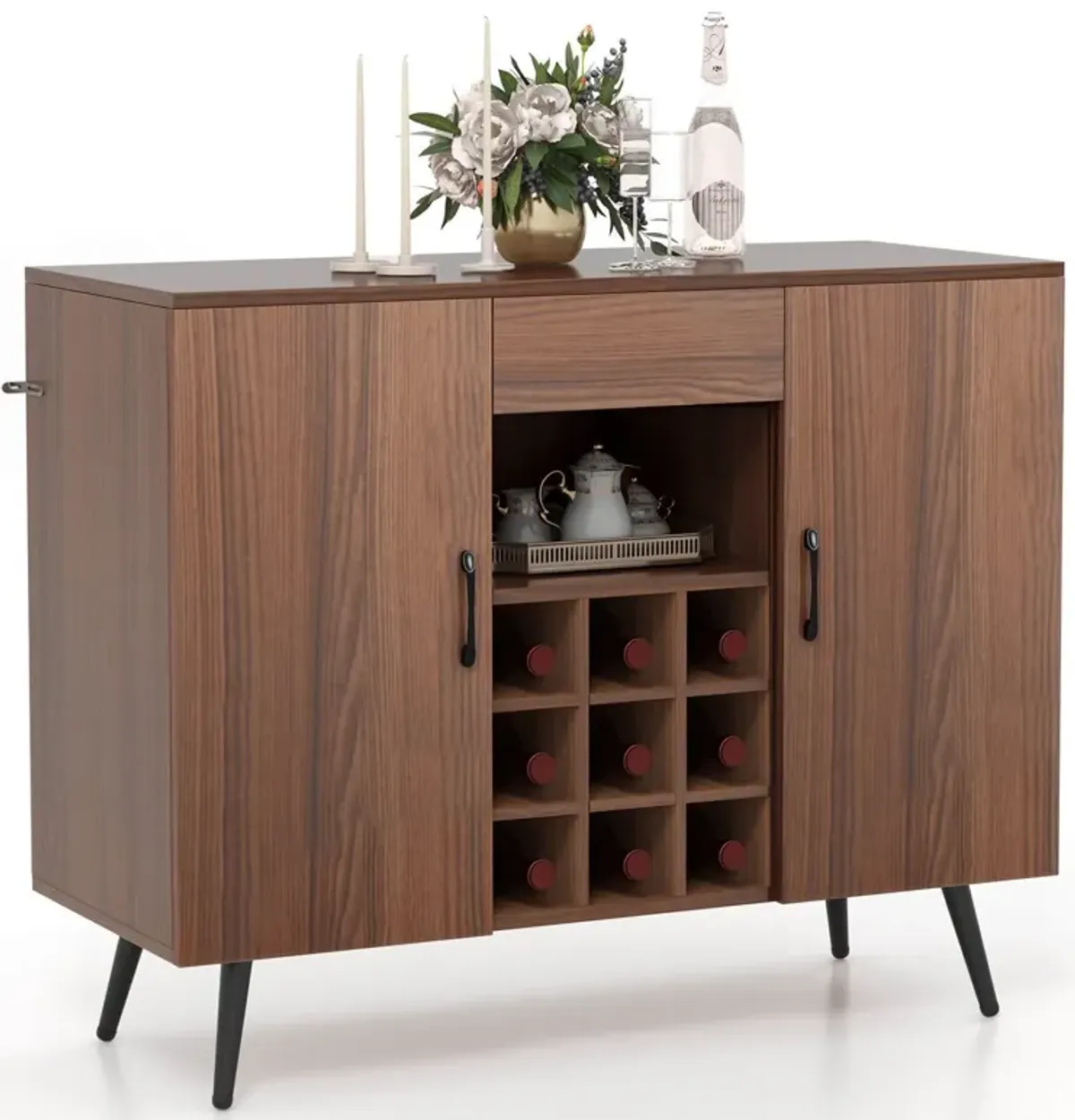 Mid-century Modern Buffet Sideboard Server Cabinet with 9-Bottle Wine Rack-Walnut