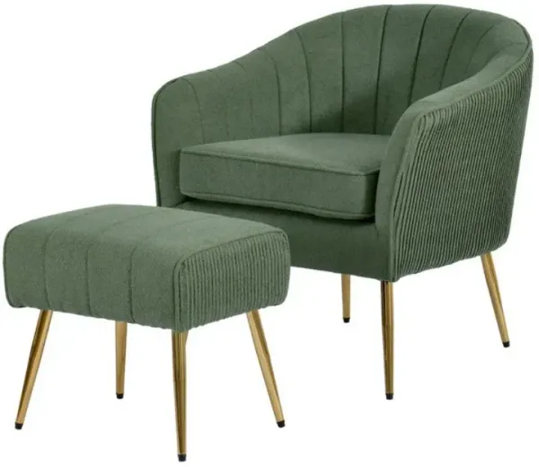 2 Piece Barrel Chair With Matching Ottoman In Green And Gold