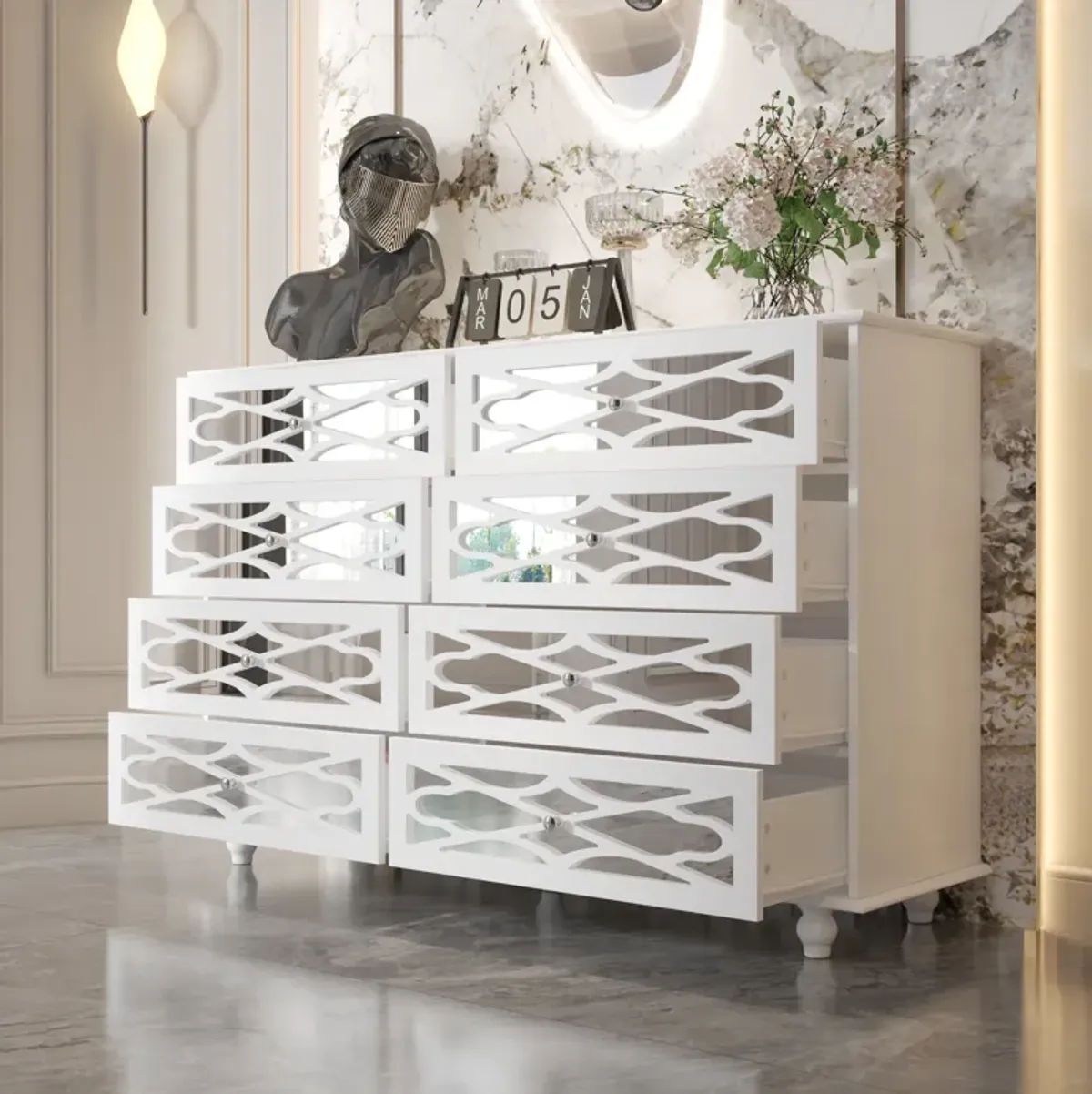 FUFU&GAGA Elegant 8-Drawer Dresser with Decorative Front Design for Bedroom or Living Room (55.1" W x 35.4" H x 15.7" D),White