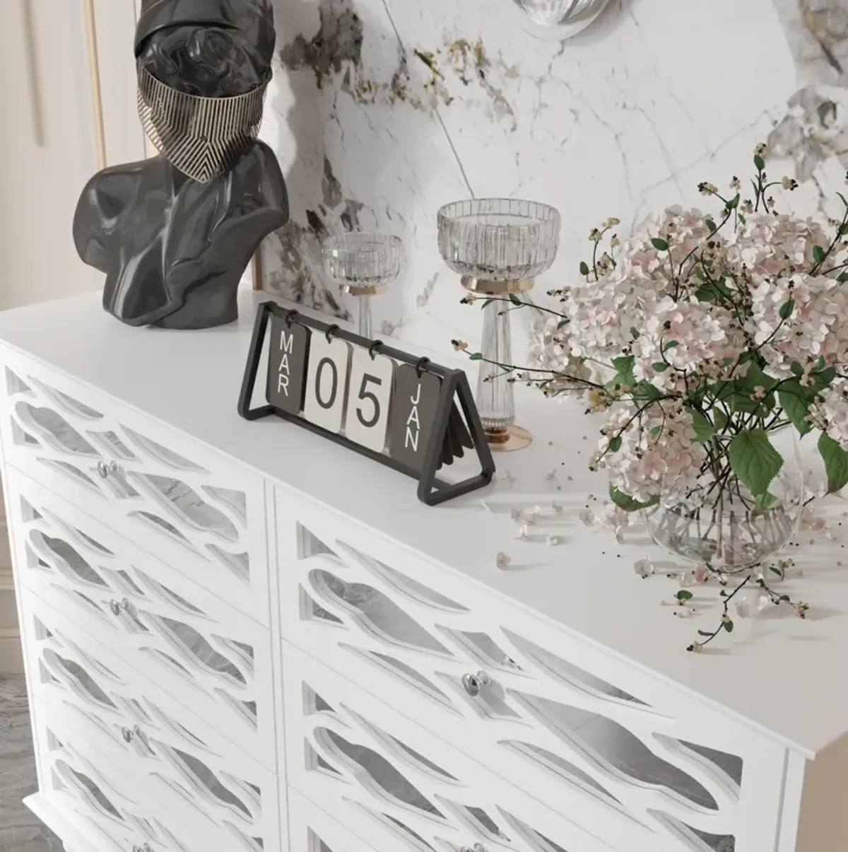 FUFU&GAGA Elegant 8-Drawer Dresser with Decorative Front Design for Bedroom or Living Room (55.1" W x 35.4" H x 15.7" D),White