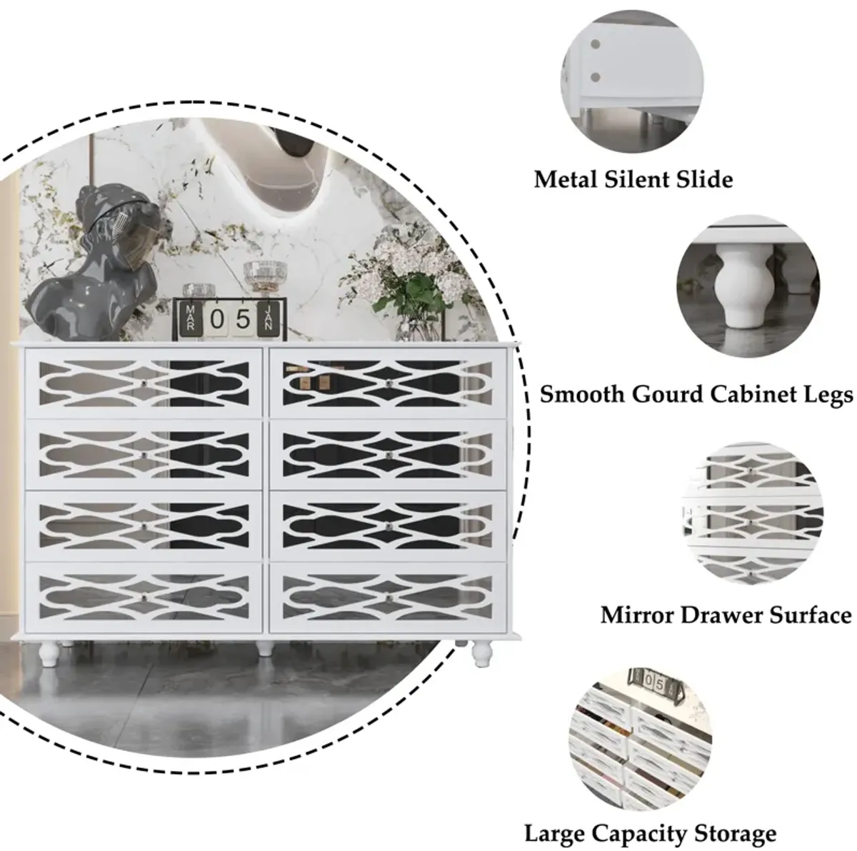 FUFU&GAGA Elegant 8-Drawer Dresser with Decorative Front Design for Bedroom or Living Room (55.1" W x 35.4" H x 15.7" D),White