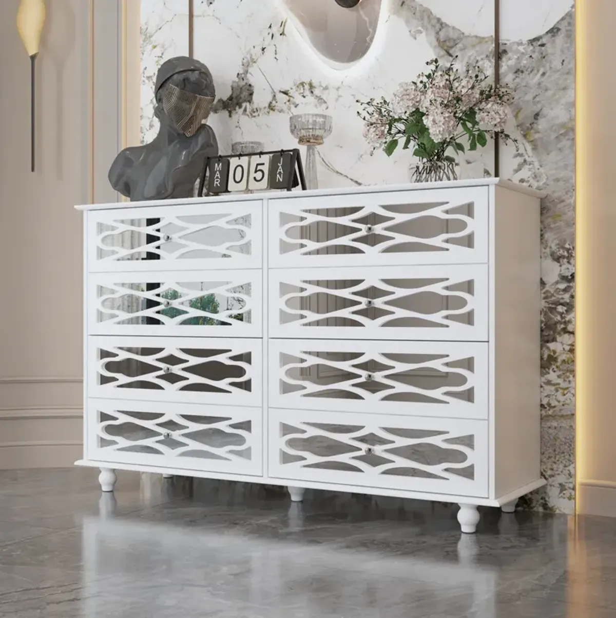 FUFU&GAGA Elegant 8-Drawer Dresser with Decorative Front Design for Bedroom or Living Room (55.1" W x 35.4" H x 15.7" D),White