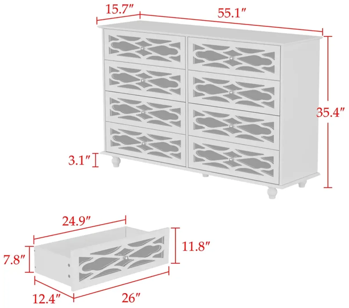 FUFU&GAGA Elegant 8-Drawer Dresser with Decorative Front Design for Bedroom or Living Room (55.1" W x 35.4" H x 15.7" D),White