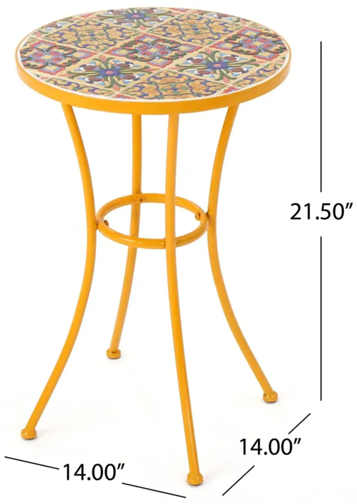 Outdoor Side End Table, 14 Inch Round Yellow Ceramic Tile, Orange Iron - Benzara