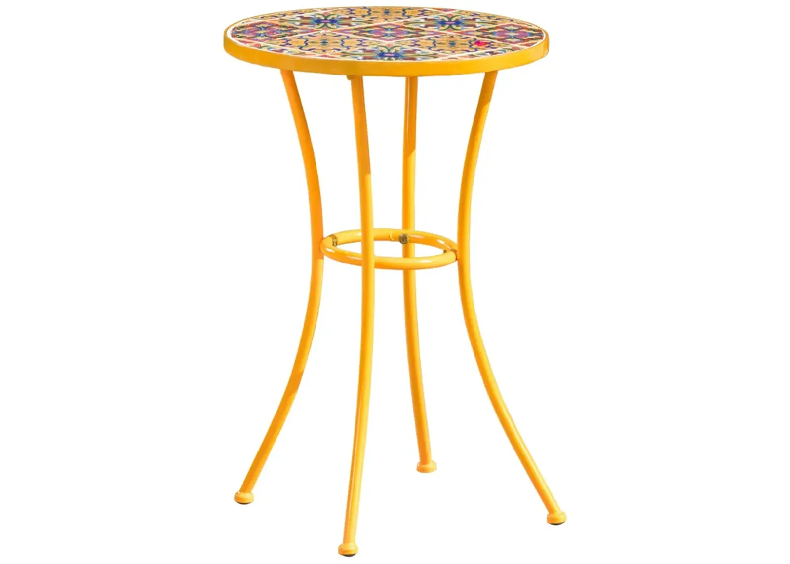 Outdoor Side End Table, 14 Inch Round Yellow Ceramic Tile, Orange Iron - Benzara