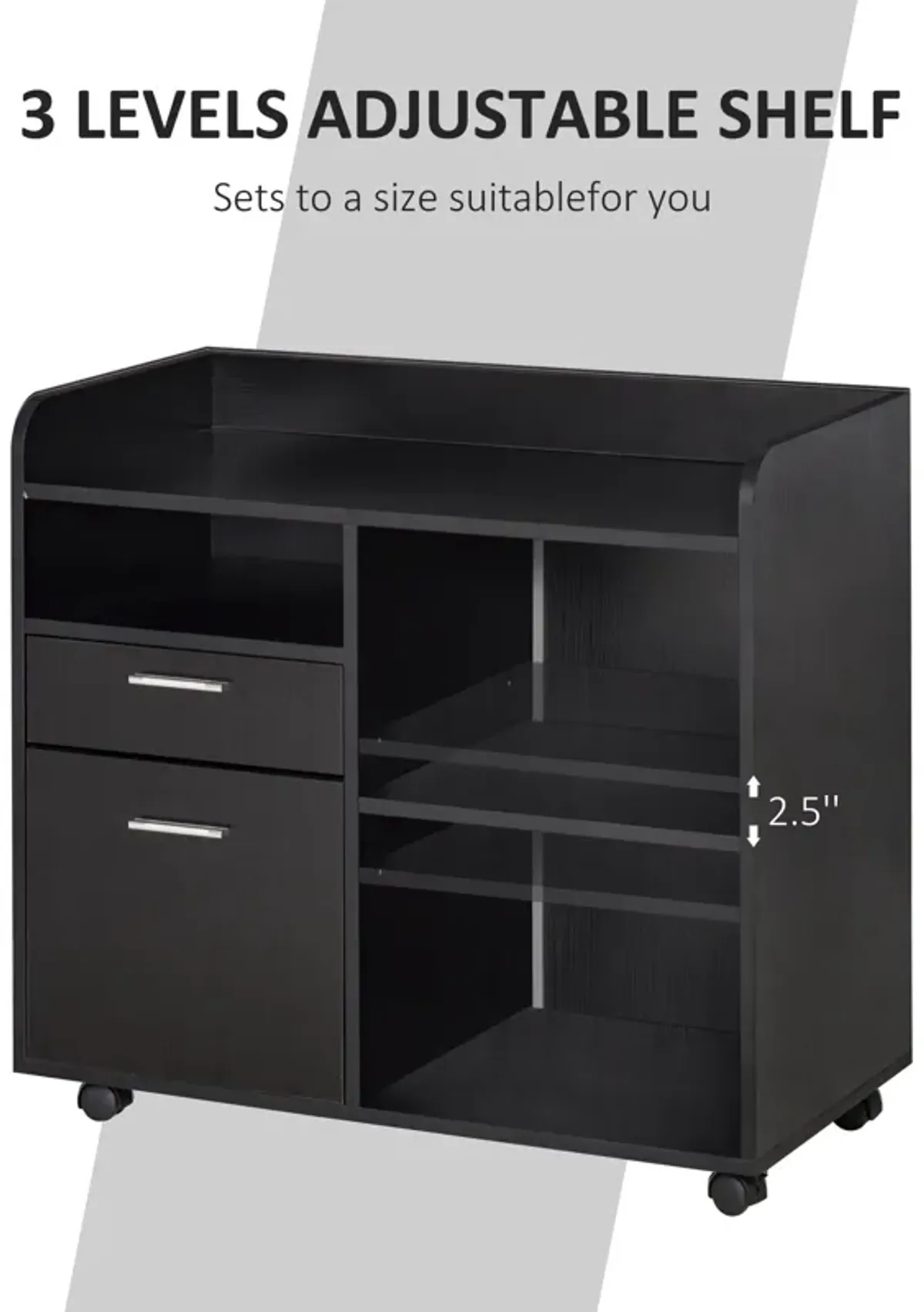 Black Home Office Helper: Mobile File Cabinet with Drawers and Shelves