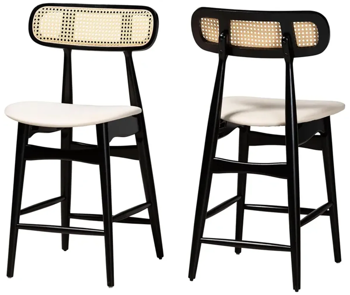 Baxton Studio Tarana Mid-Century Modern Cream Fabric and Black Finished Wood 2-Piece Counter Stool Set