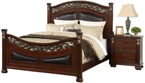 Miri Arched King Size Bed, Carved Leaf Details, Reeded Pilasters, Oak Brown - Benzara