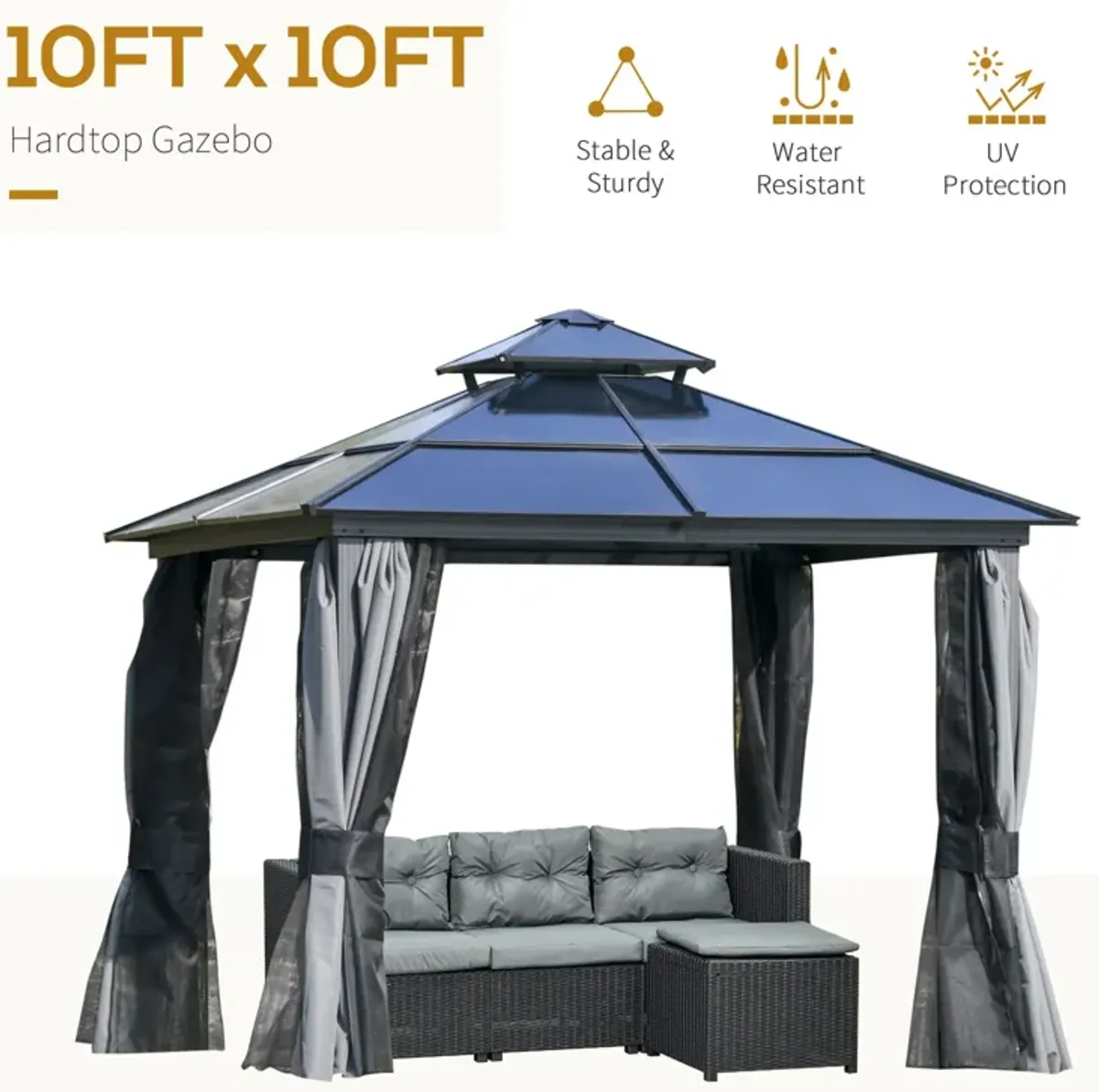 Gray Patio Sanctuary: 10'x10' Hardtop Gazebo with Aluminum Frame