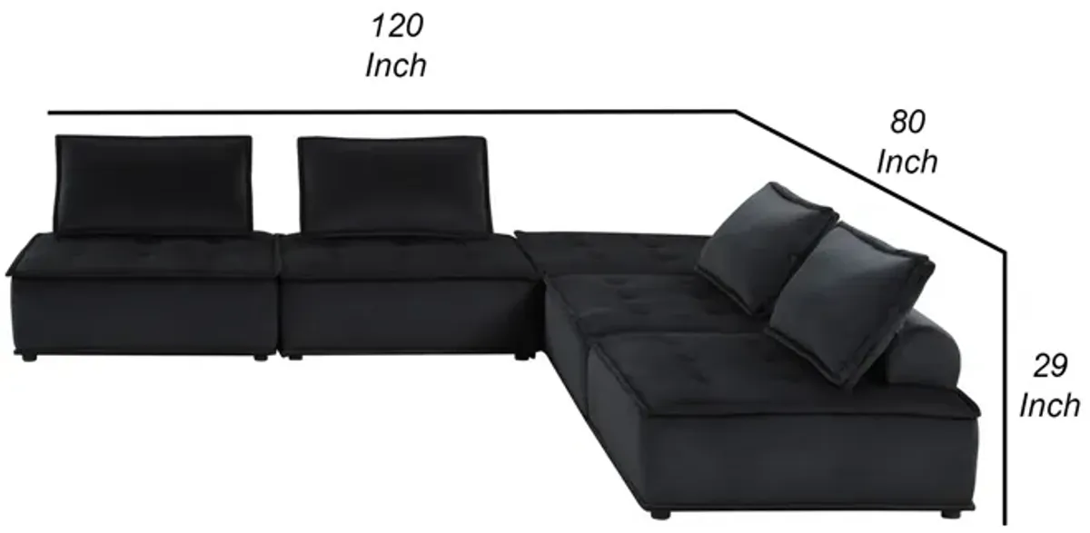 Alaya 5pc Foam Modular Sectional Sofa with Ottoman, Black Velvet Upholstery-Benzara