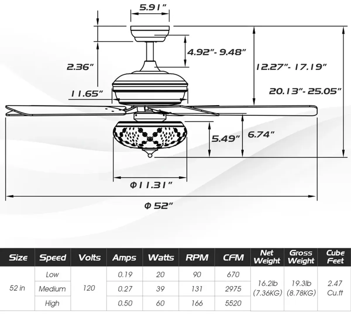 52 Inch Ceiling Fan with 3 Wind Speeds and 5 Reversible Blades