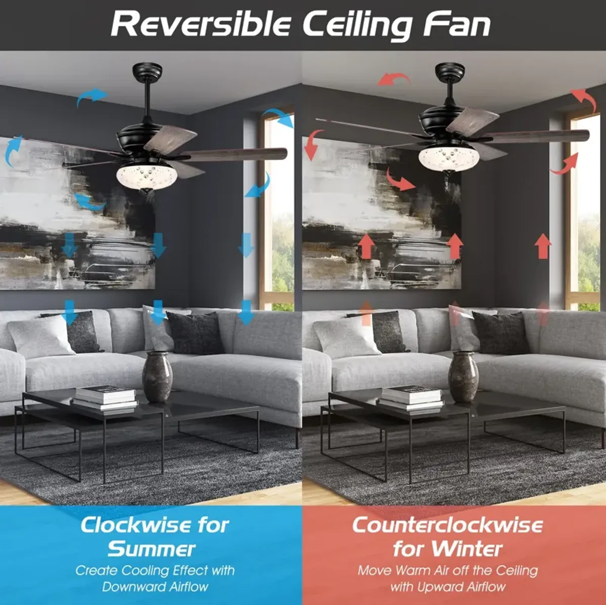 52 Inch Ceiling Fan with 3 Wind Speeds and 5 Reversible Blades