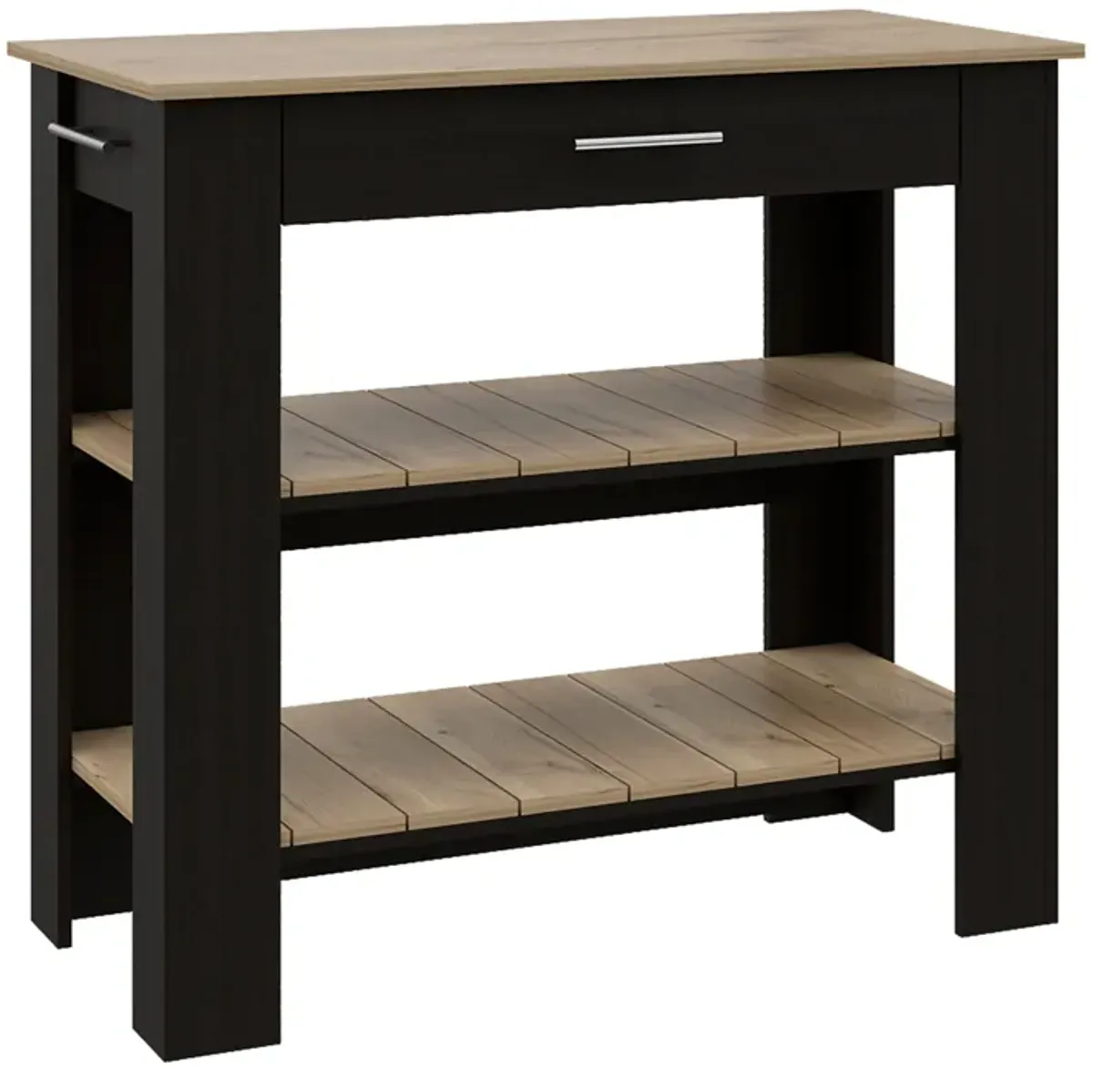 DEPOT E-SHOP Kitchen Island 37" H, Two Open Storage Shelves, One Drawer, Four Legs,Towel Hanger, Black / Light Oak