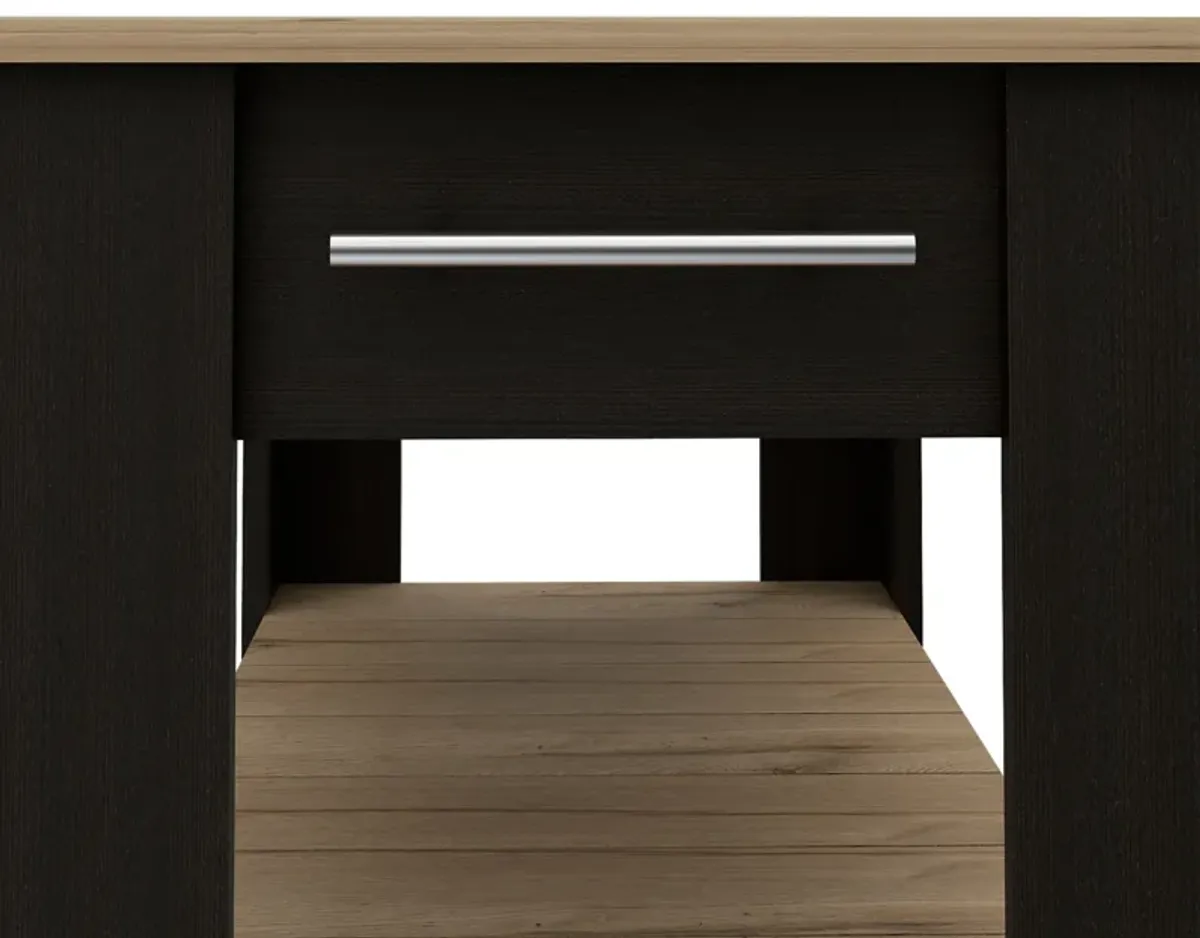 DEPOT E-SHOP Kitchen Island 37" H, Two Open Storage Shelves, One Drawer, Four Legs,Towel Hanger, Black / Light Oak