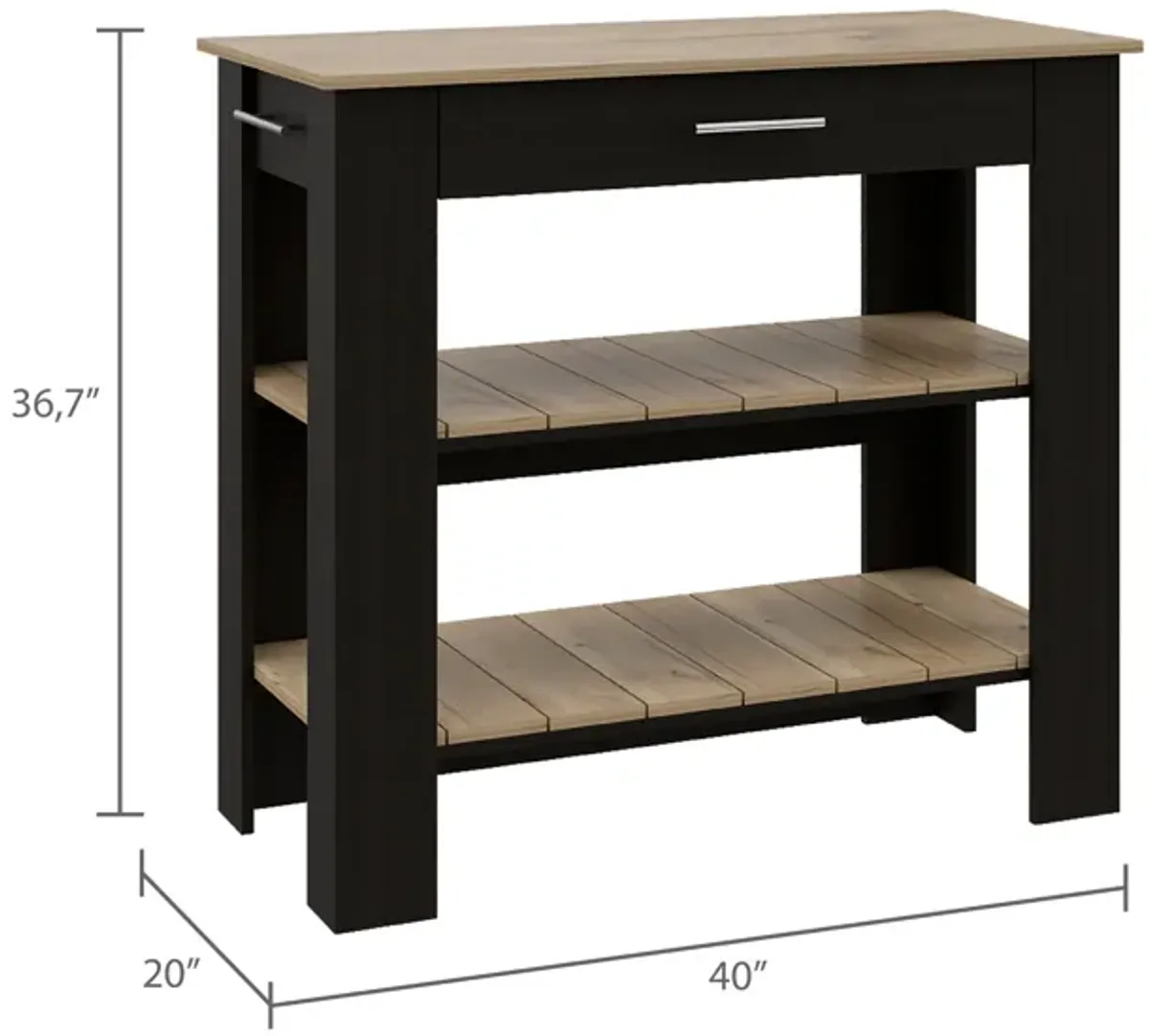 DEPOT E-SHOP Kitchen Island 37" H, Two Open Storage Shelves, One Drawer, Four Legs,Towel Hanger, Black / Light Oak