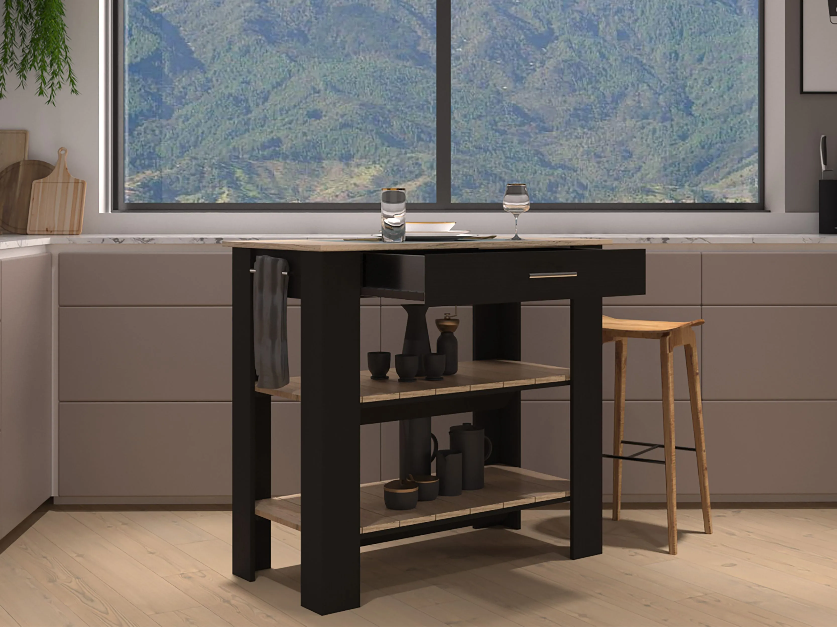 DEPOT E-SHOP Kitchen Island 37" H, Two Open Storage Shelves, One Drawer, Four Legs,Towel Hanger, Black / Light Oak