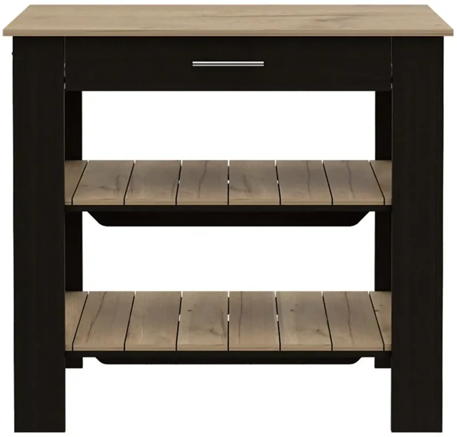 DEPOT E-SHOP Kitchen Island 37" H, Two Open Storage Shelves, One Drawer, Four Legs,Towel Hanger, Black / Light Oak