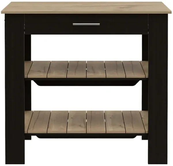 DEPOT E-SHOP Kitchen Island 37" H, Two Open Storage Shelves, One Drawer, Four Legs,Towel Hanger, Black / Light Oak