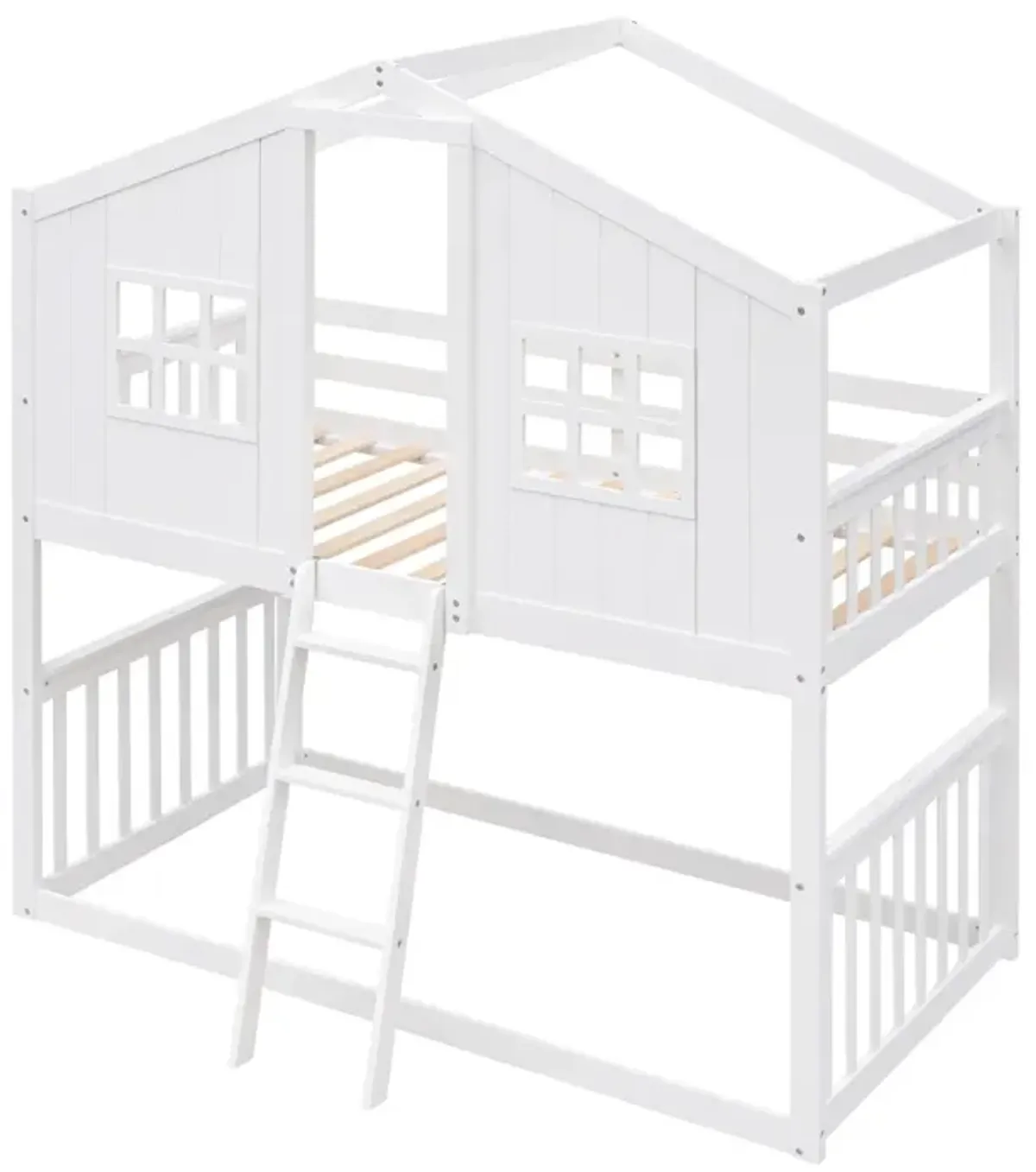 Twin Over Twin House Bunk Bed With Ladder, Wood Bed