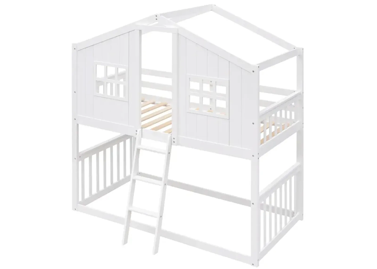 Twin Over Twin House Bunk Bed With Ladder, Wood Bed