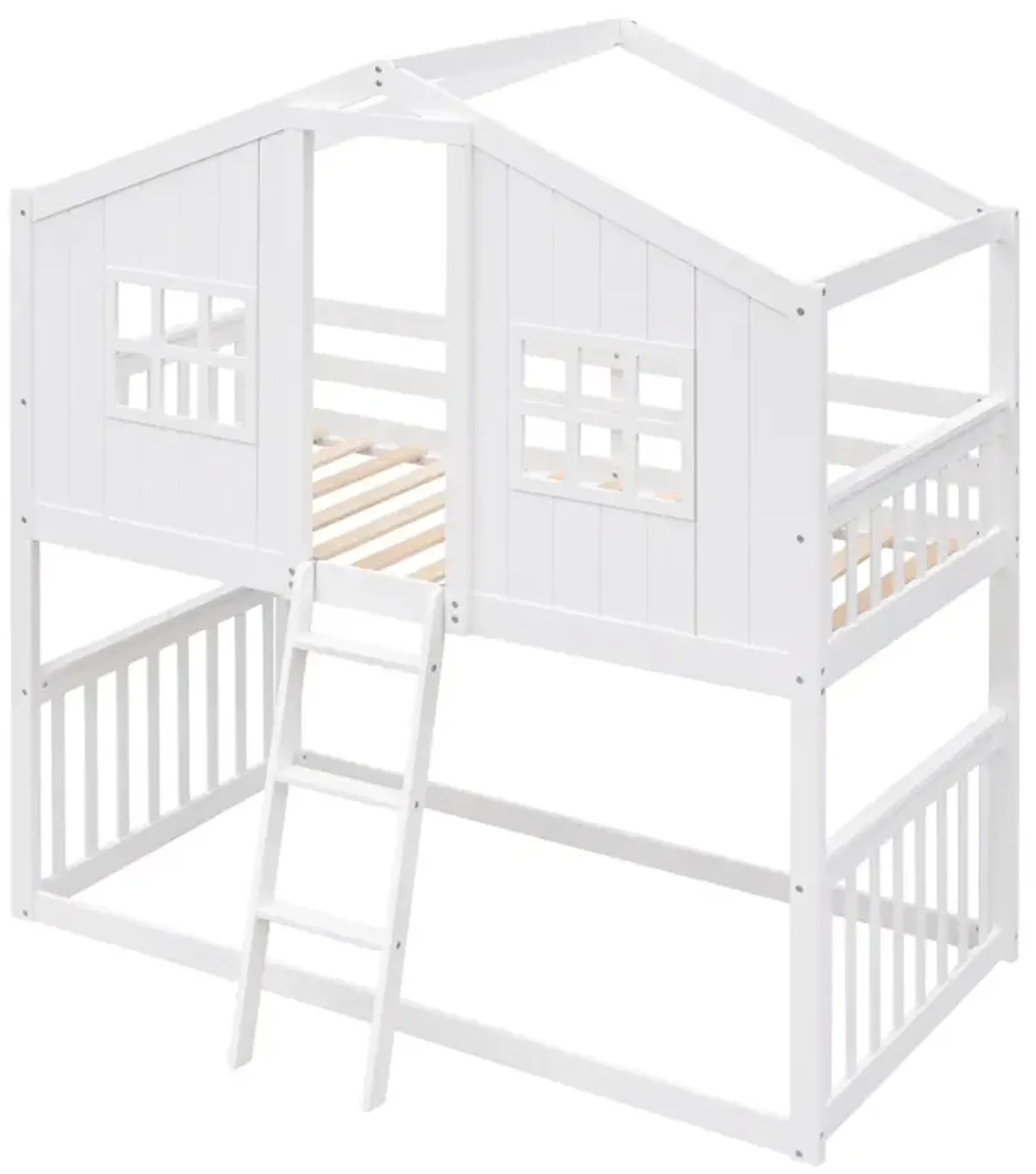 Twin Over Twin House Bunk Bed With Ladder, Wood Bed