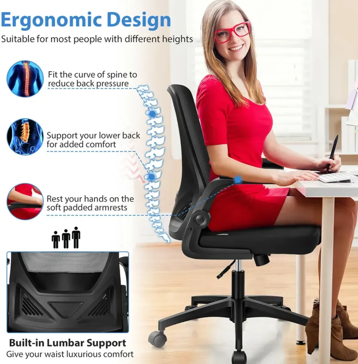 Costway Mesh Office Chair Swivel Computer Desk Chair w/Foldable Backrest & Flip-Up Arms