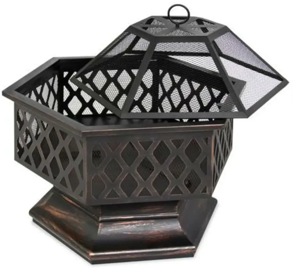 Hivvago 24 Inch Steel Distressed Bronze Lattice Design Fire Pit With Cover