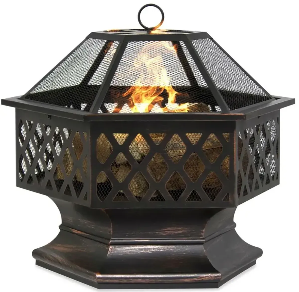 Hivvago 24 Inch Steel Distressed Bronze Lattice Design Fire Pit With Cover