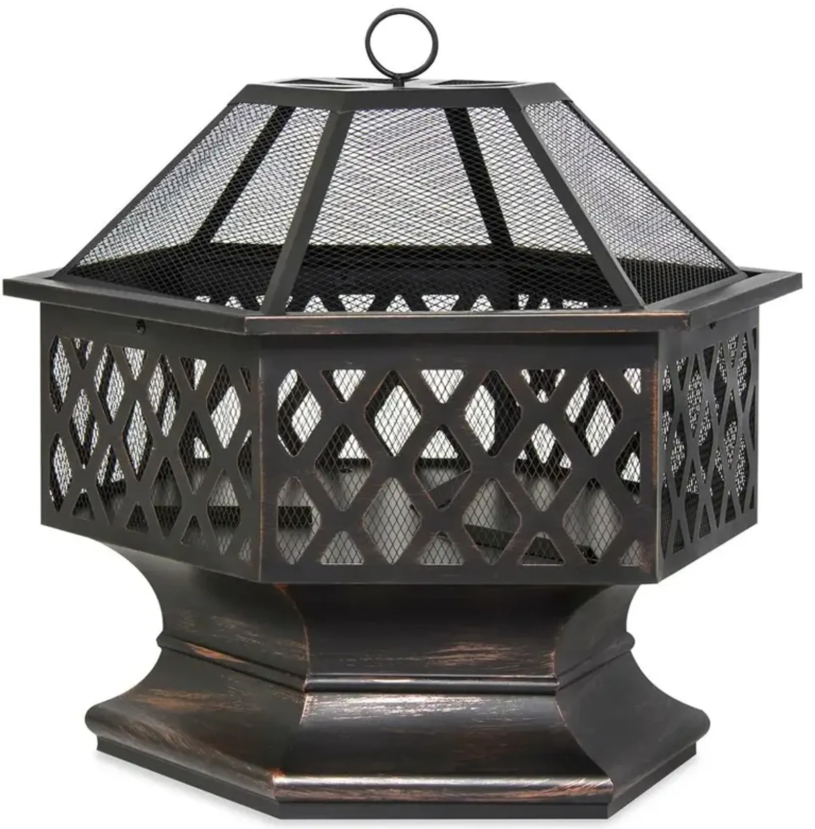 Hivvago 24 Inch Steel Distressed Bronze Lattice Design Fire Pit With Cover