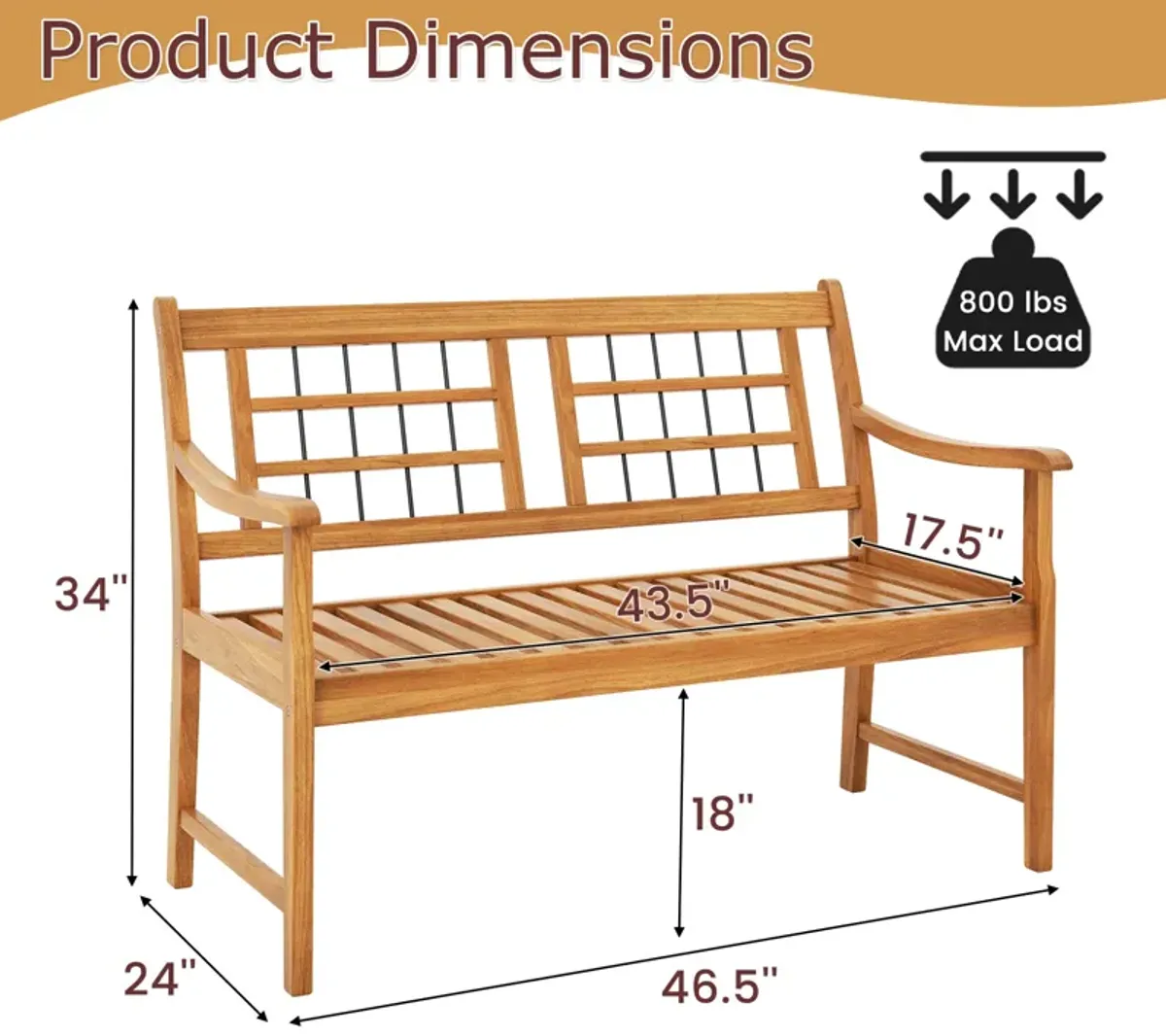 Patio Acacia Wood Bench with Curved Armrests Slatted Seat and Backrest