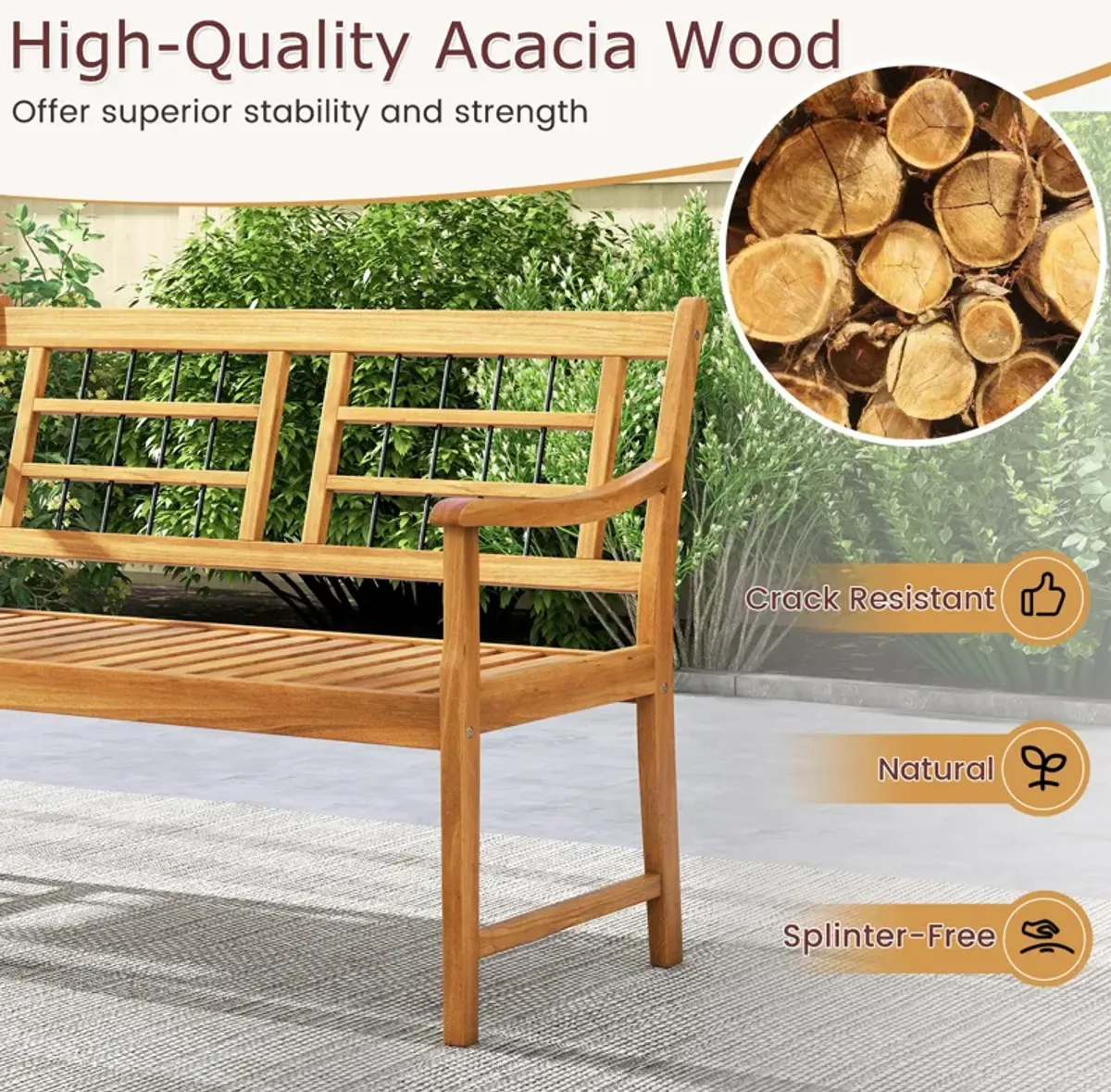 Patio Acacia Wood Bench with Curved Armrests Slatted Seat and Backrest