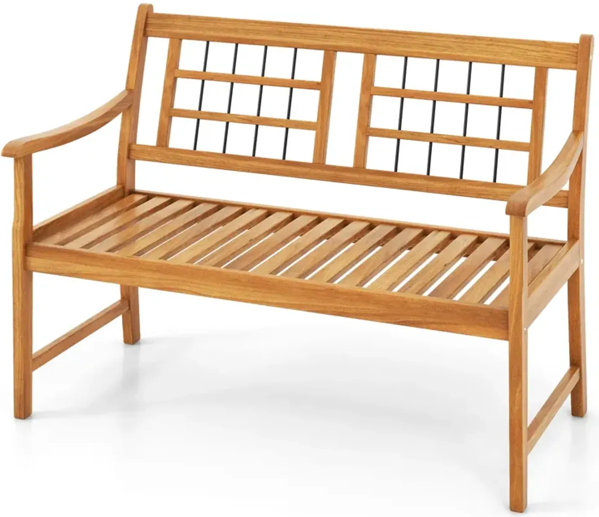 Patio Acacia Wood Bench with Curved Armrests Slatted Seat and Backrest