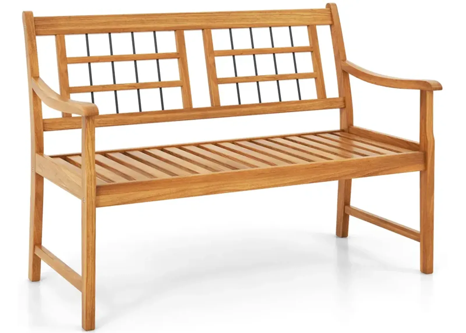 Patio Acacia Wood Bench with Curved Armrests Slatted Seat and Backrest