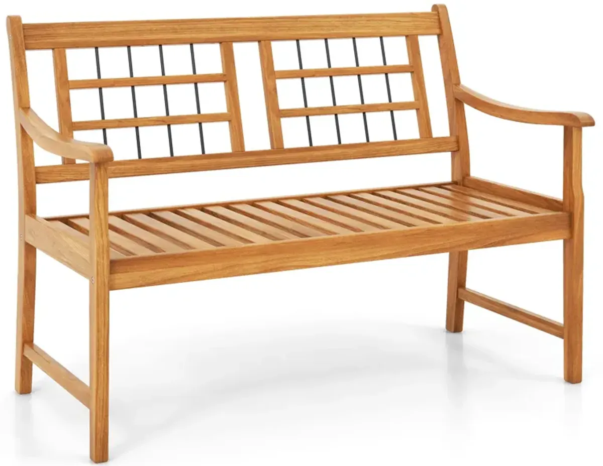 Patio Acacia Wood Bench with Curved Armrests Slatted Seat and Backrest