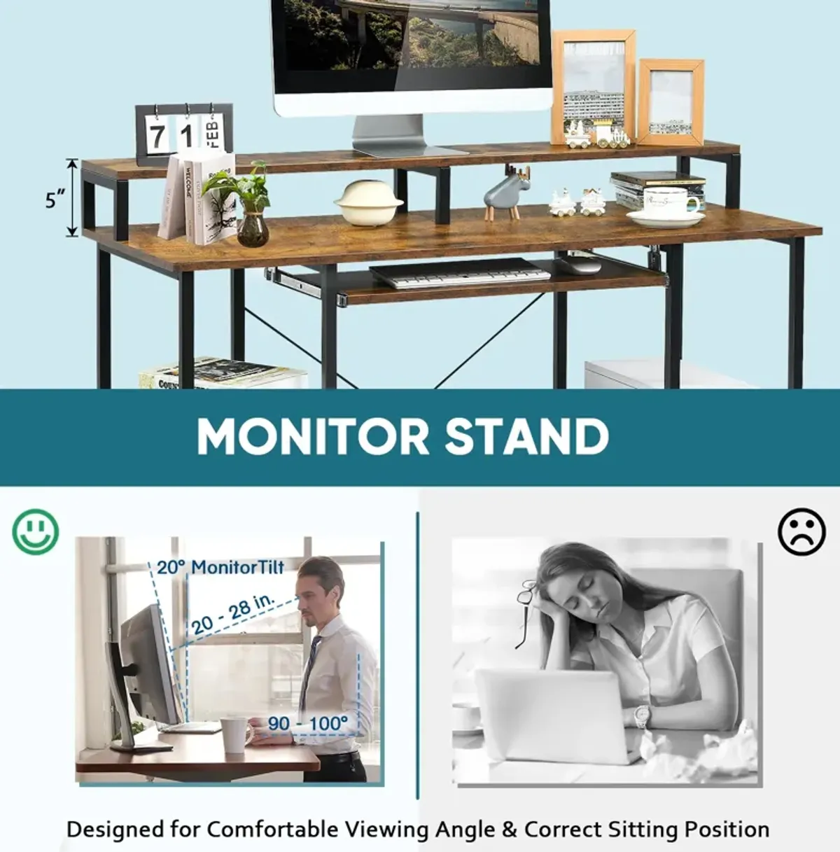 47 Inches Computer Desk Writing Study Table with Keyboard Tray and Monitor Stand