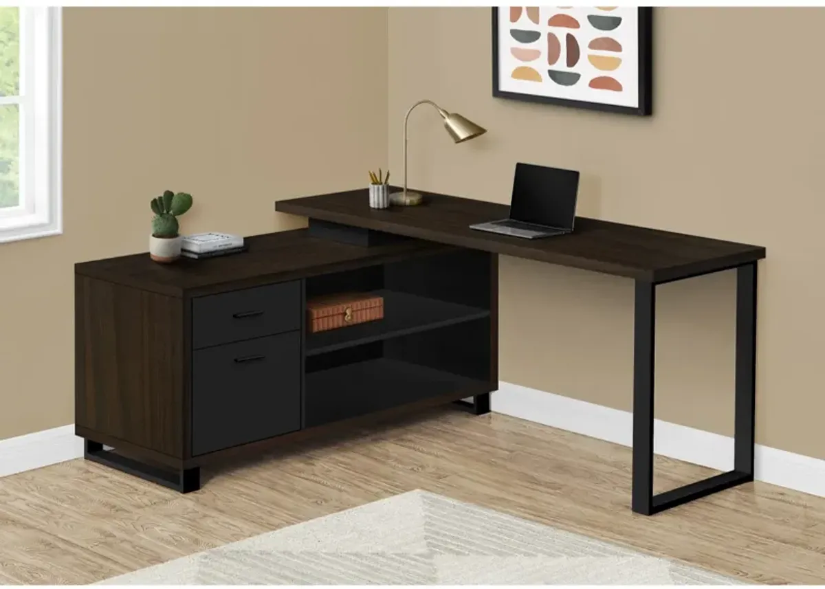 Computer Desk, Home Office, Corner, Storage Drawers, 72"L, L Shape, Work, Laptop, Metal, Laminate, Brown, Black, Contemporary, Modern