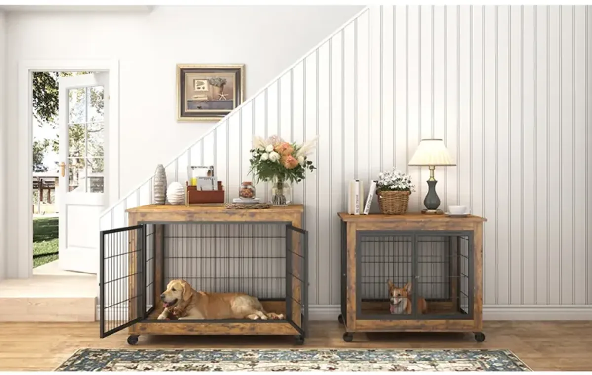 Furniture Dog Cage Crate With Double Doors, Rustic Brown, 38.58" W X 25.2" D X 27.17"