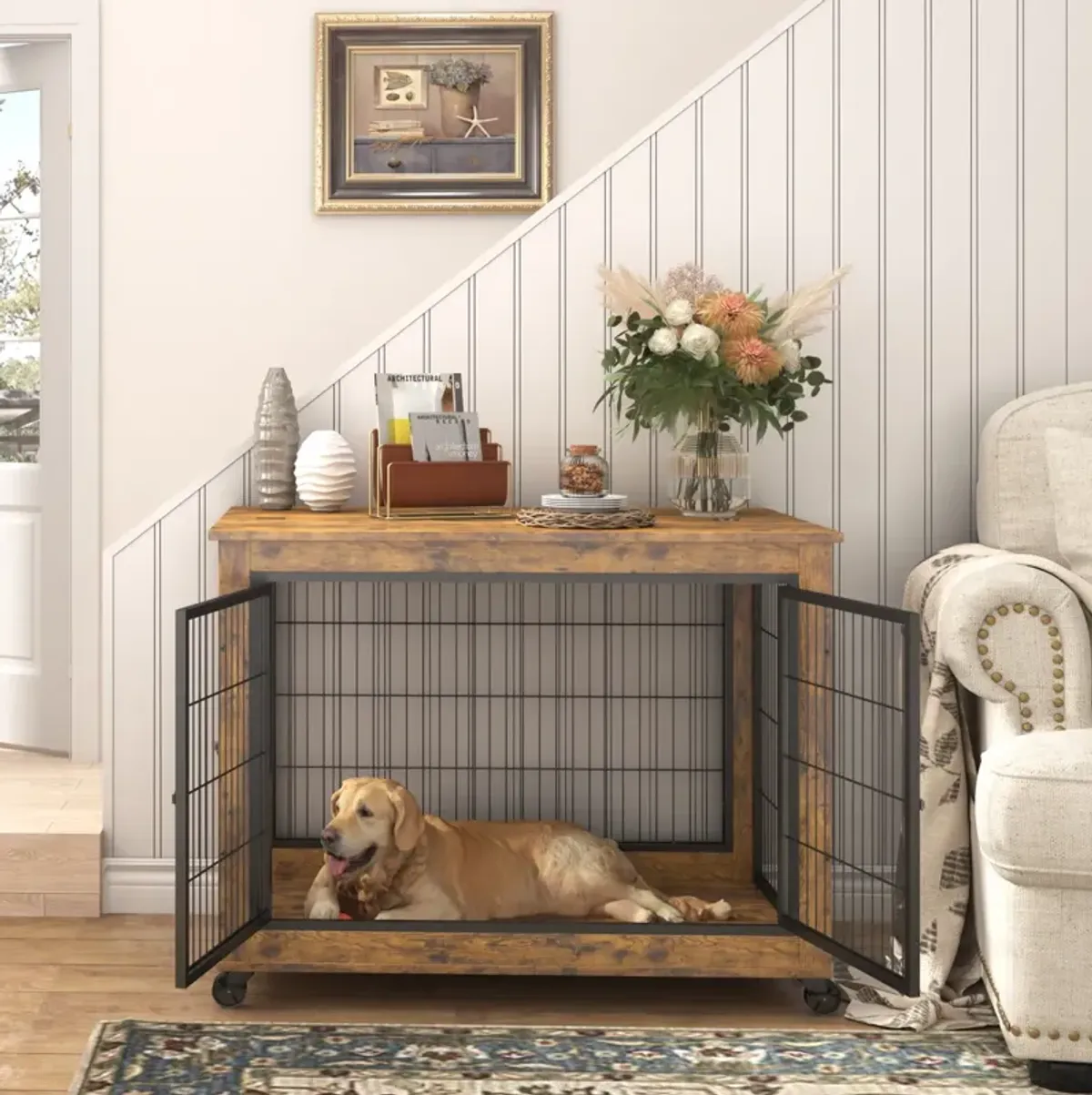 Furniture Dog Cage Crate With Double Doors, Rustic Brown, 38.58" W X 25.2" D X 27.17"