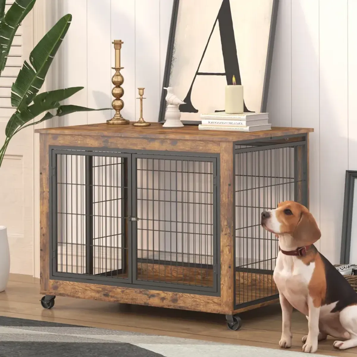 Furniture Dog Cage Crate With Double Doors, Rustic Brown, 38.58" W X 25.2" D X 27.17"