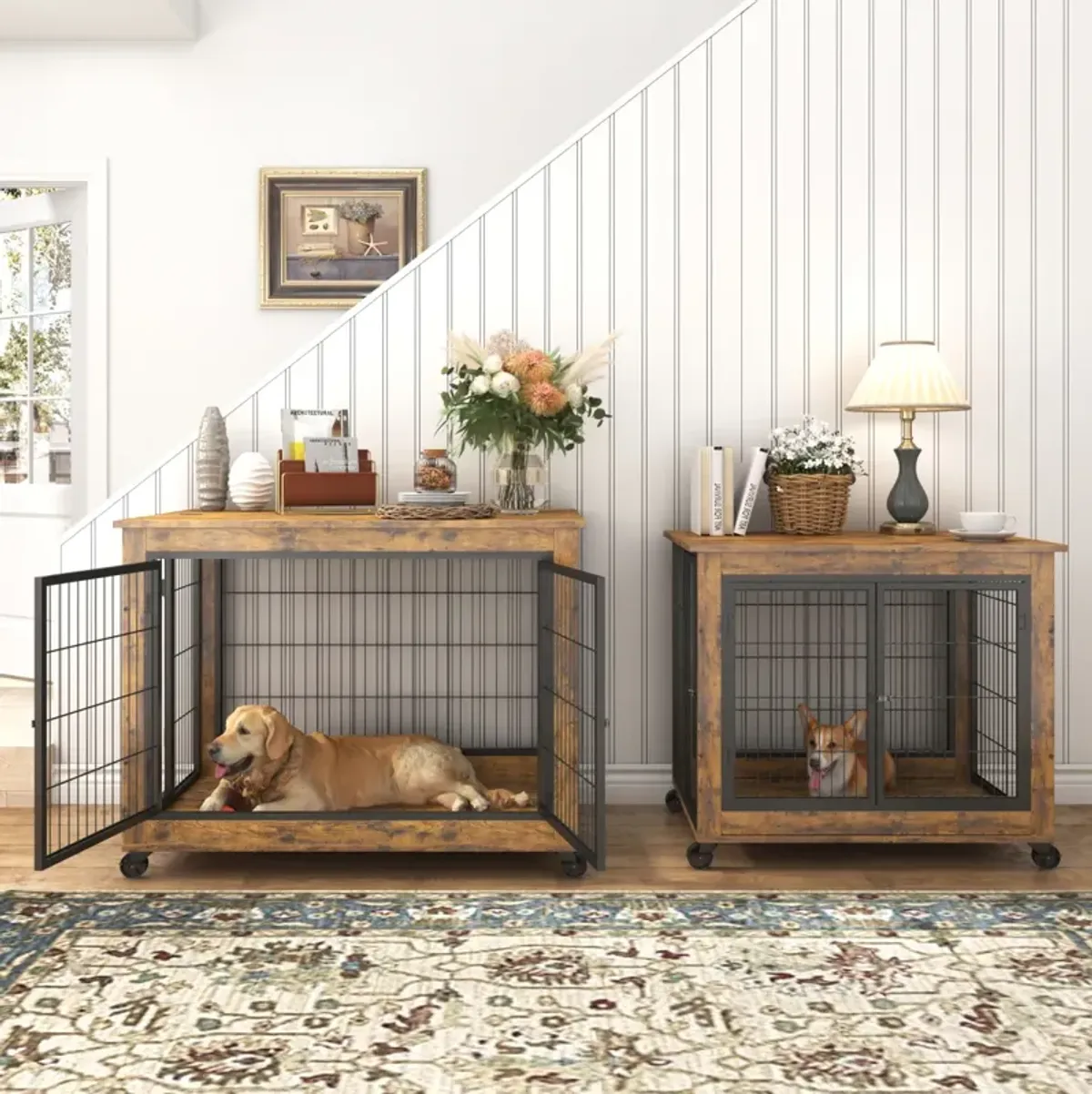 Furniture Dog Cage Crate With Double Doors, Rustic Brown, 38.58" W X 25.2" D X 27.17"