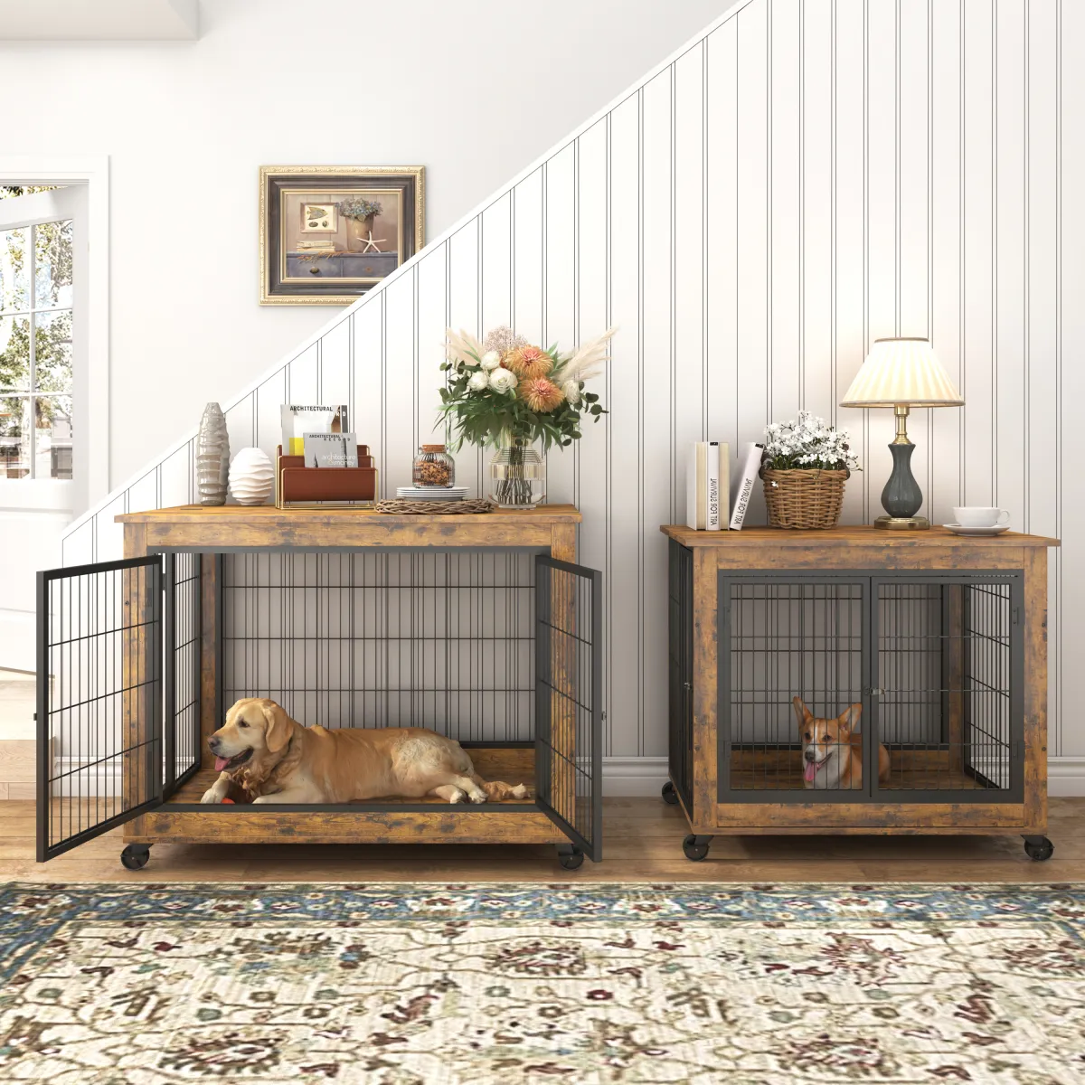 Furniture Dog Cage Crate with Double Doors, Rustic Brown, 38.58" W x 25.2" D x 27.17" H