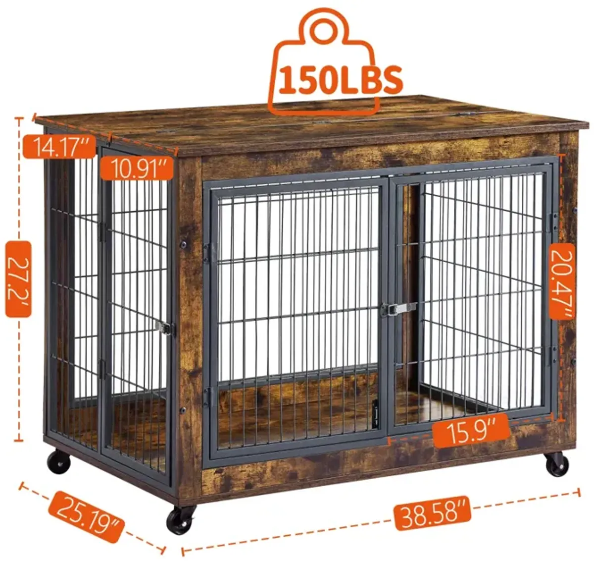 Furniture Dog Cage Crate With Double Doors, Rustic Brown, 38.58" W X 25.2" D X 27.17"