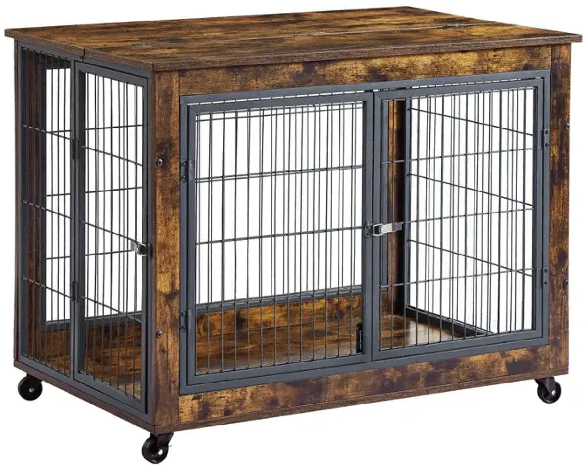 Furniture Dog Cage Crate With Double Doors, Rustic Brown, 38.58" W X 25.2" D X 27.17"