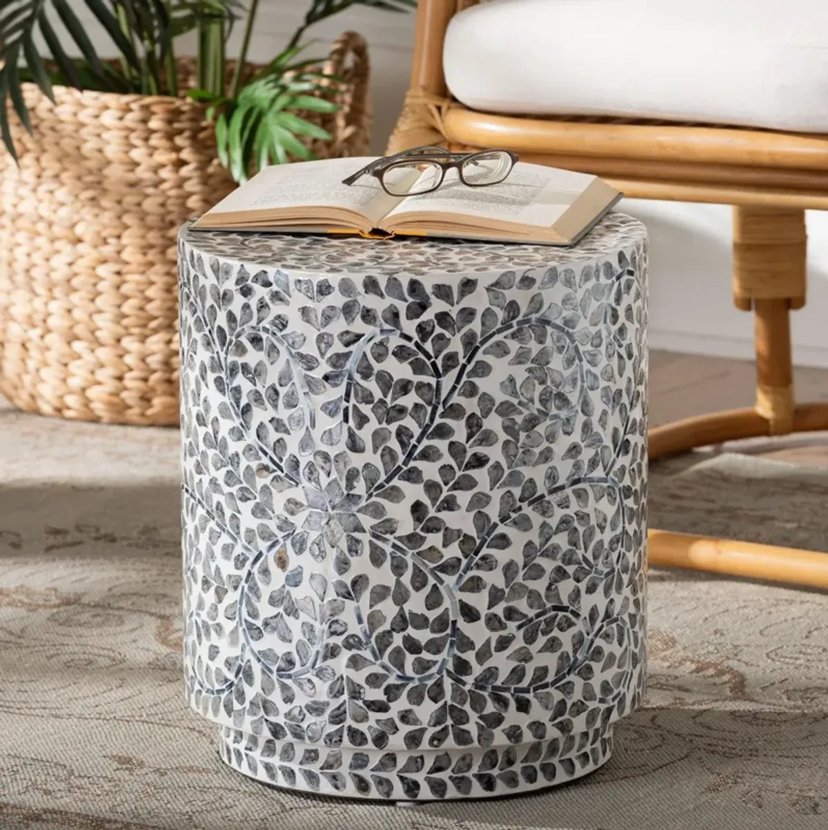 bali & pari Marilla Coastal Black and White Mother of Pearl Capiz Shell Ottoman Footstool