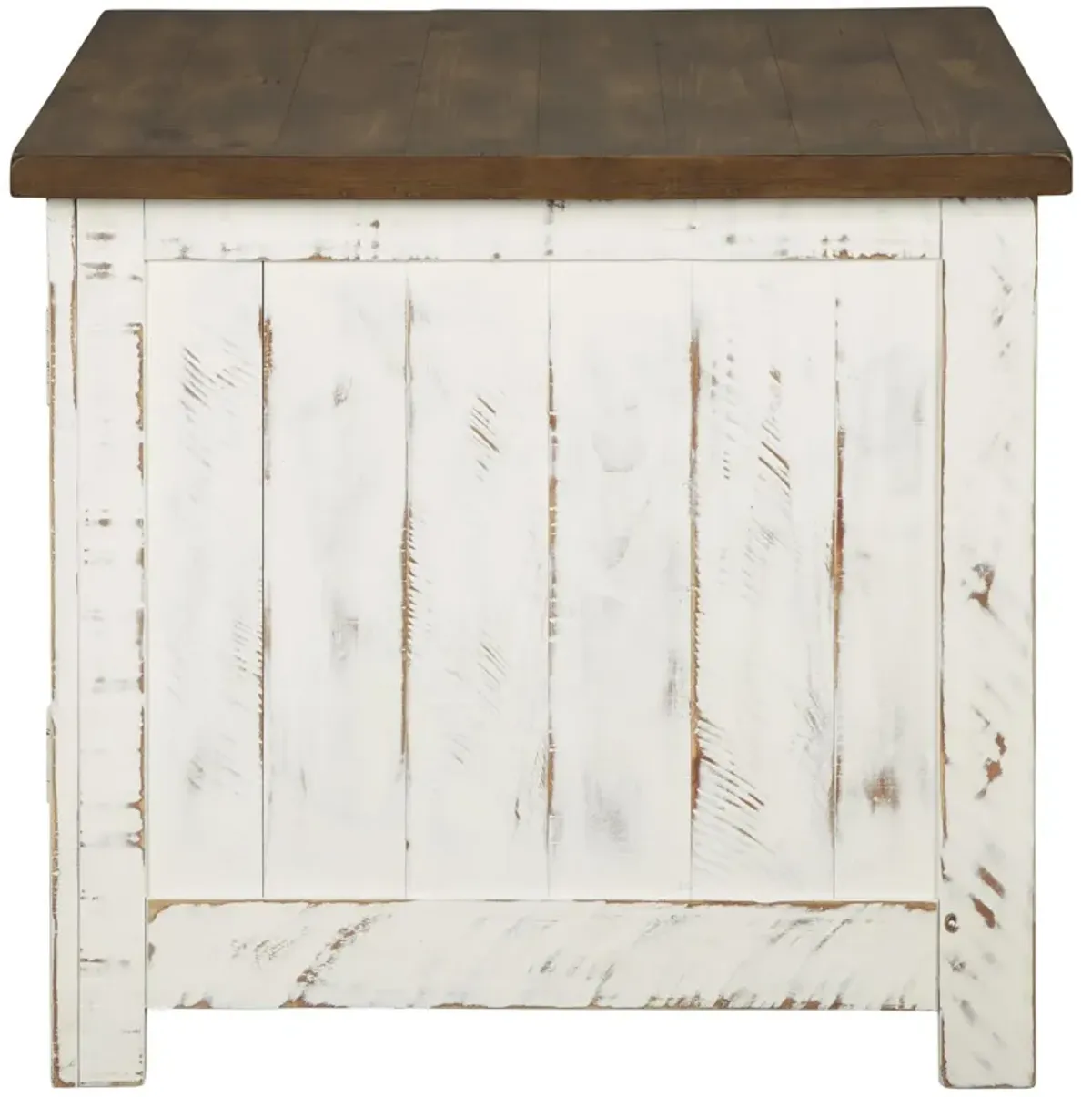 Two Tone Wooden End Table with Metal Grill Cabinet, Brown and White-Benzara