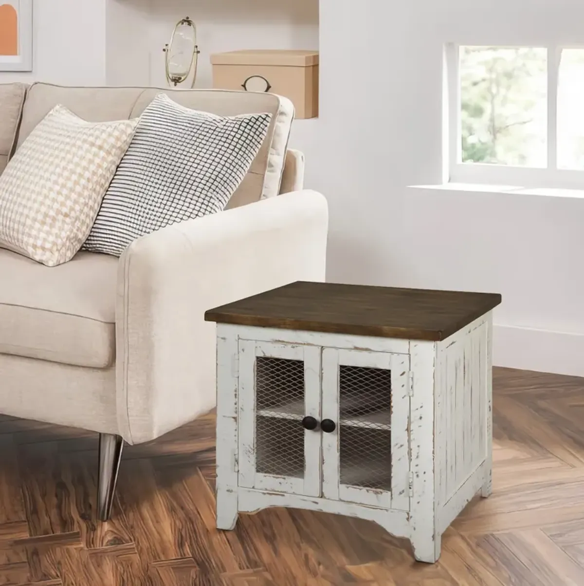 Two Tone Wooden End Table with Metal Grill Cabinet, Brown and White-Benzara