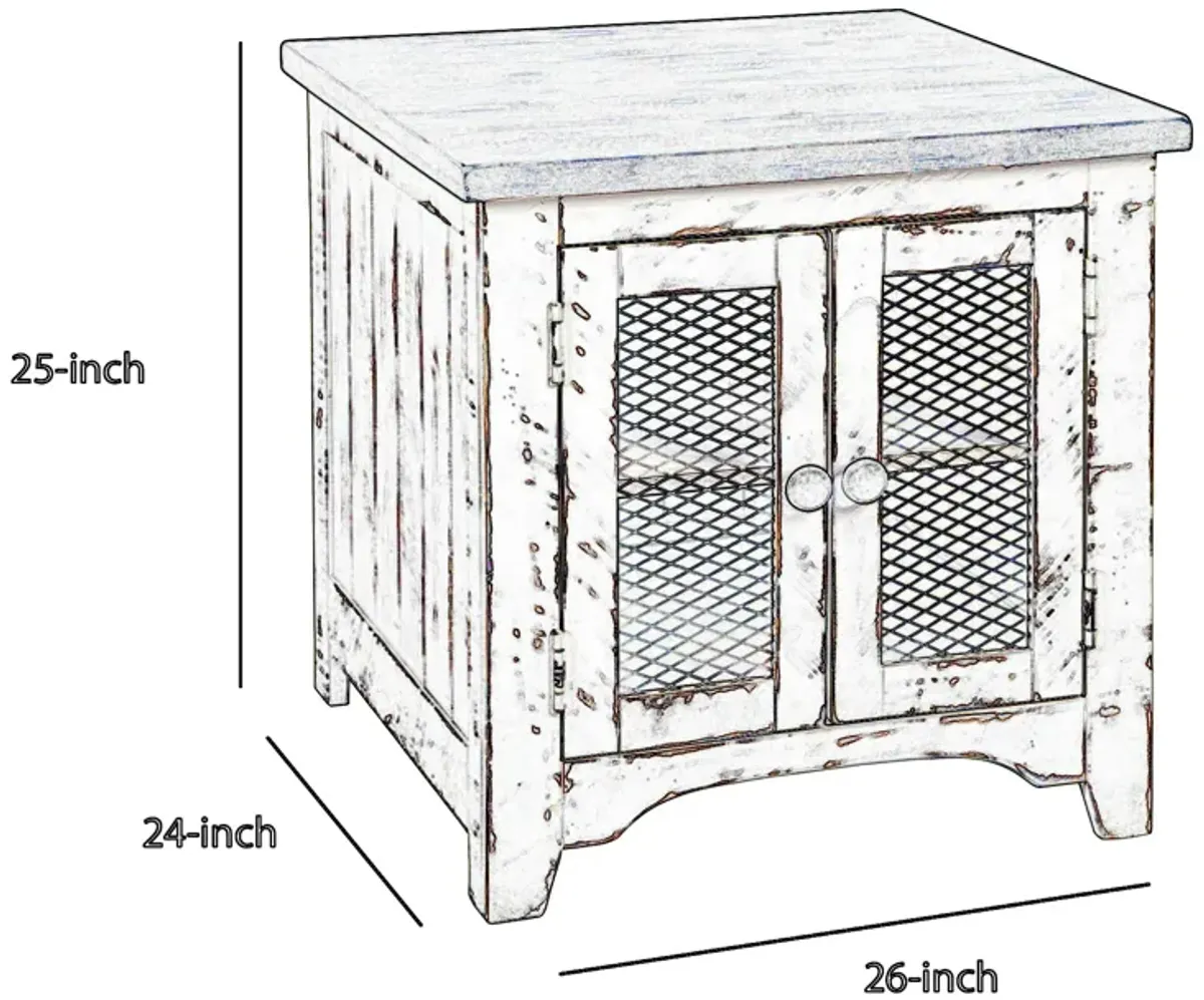 Two Tone Wooden End Table with Metal Grill Cabinet, Brown and White-Benzara