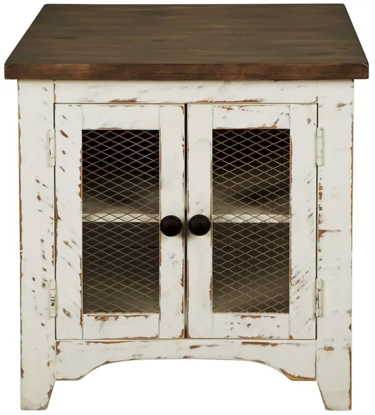 Two Tone Wooden End Table with Metal Grill Cabinet, Brown and White-Benzara