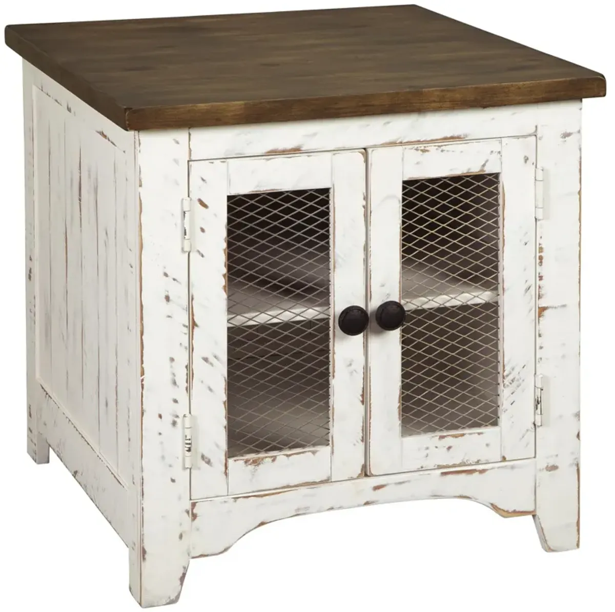 Two Tone Wooden End Table with Metal Grill Cabinet, Brown and White-Benzara